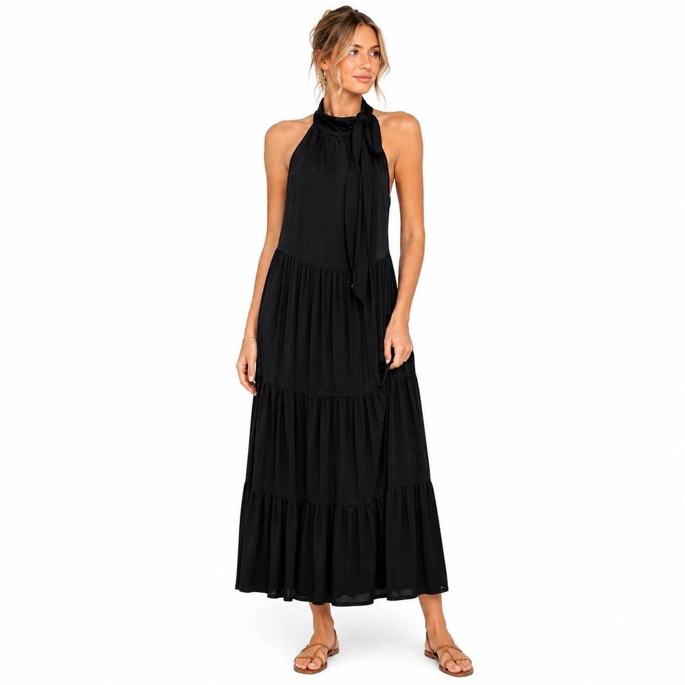 RD Style Black Halter Tiered Midi Dress Sz M